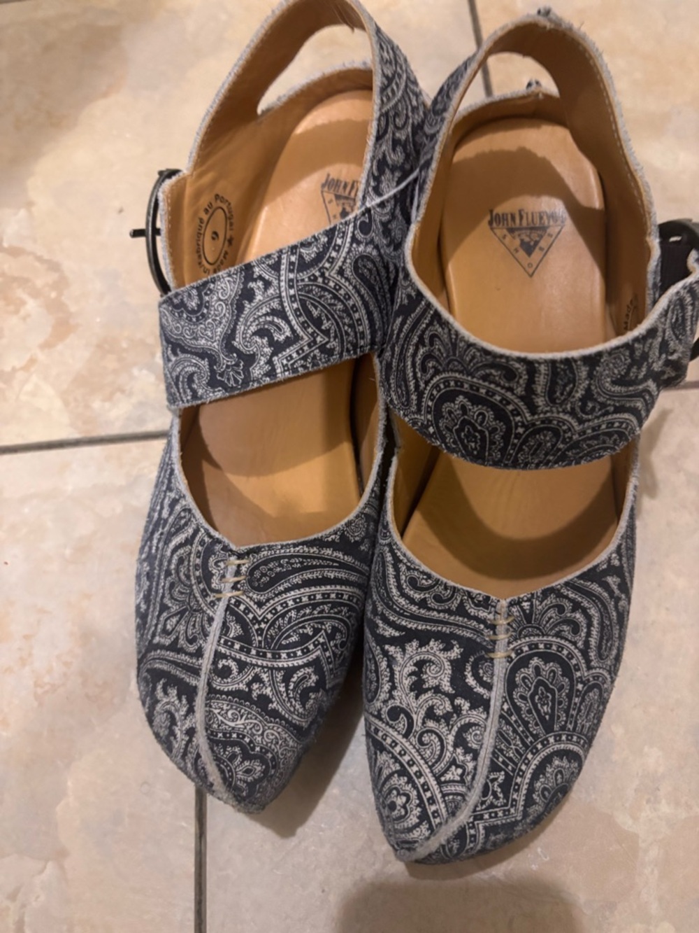 John Fluevog Prepare Guide Blue and White Paisley Mary Jane Slingback 9